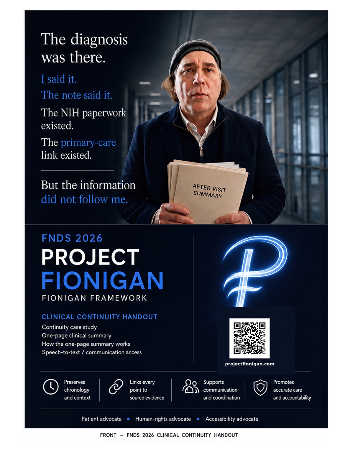 Original Project Fionigan clinical continuity handout front, shown fully and unedited